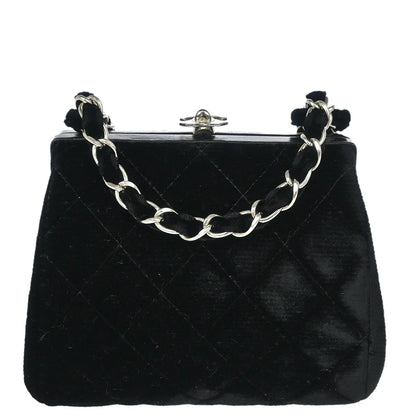 Chanel 1996-1997 Black Velvet Kisslock Chain Shoulder Bag