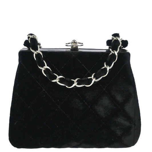 Chanel 1996-1997 Black Velvet Kisslock Chain Shoulder Bag