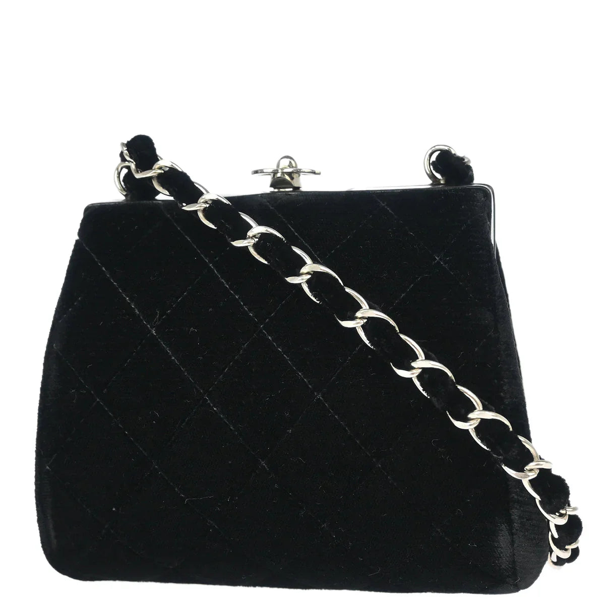 Chanel 1996-1997 Black Velvet Kisslock Chain Shoulder Bag