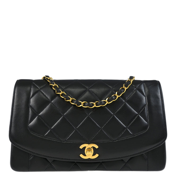 Chanel 1991-1994 Black Lambskin Medium Diana Shoulder Bag