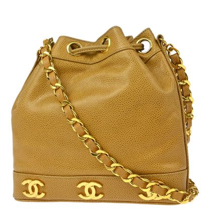 Chanel 1991-1994 Beige Caviar Triple CC Drawstring Shoulder Bag