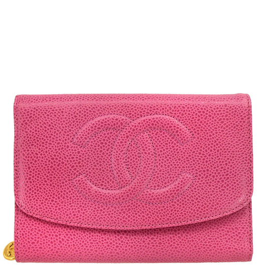 Chanel 1997-1999 Pink Caviar Long Trifold Wallet Purse