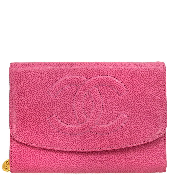 Chanel 1997-1999 Pink Caviar Long Trifold Wallet Purse