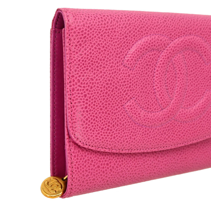 Chanel 1997-1999 Pink Caviar Long Trifold Wallet Purse