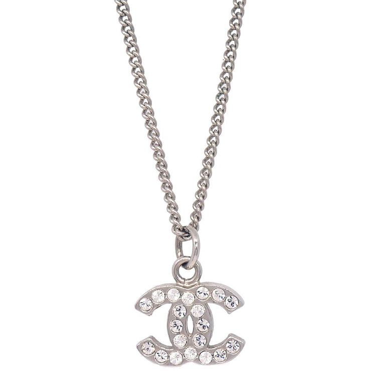 Chanel CC Chain Necklace Pendant Rhinestone Silver 09V