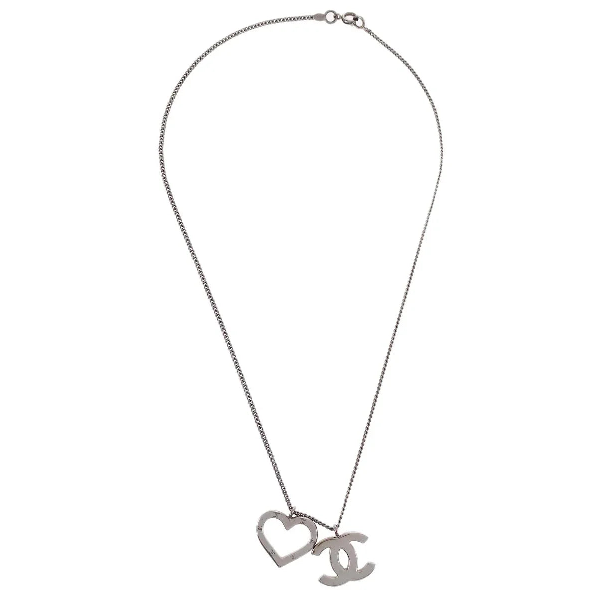 Chanel CC Heart Chain Necklace Silver 04P