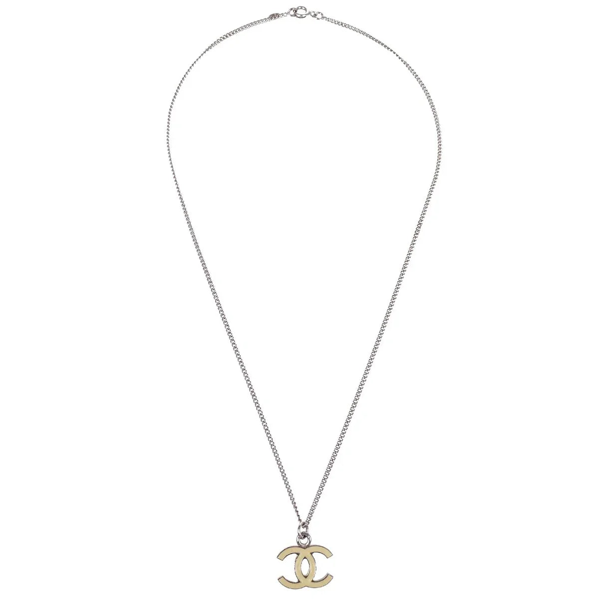 Chanel CC Chain Necklace Silver White 05V