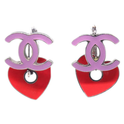 Chanel Heart Silver Dangle Piercing Earrings 04P