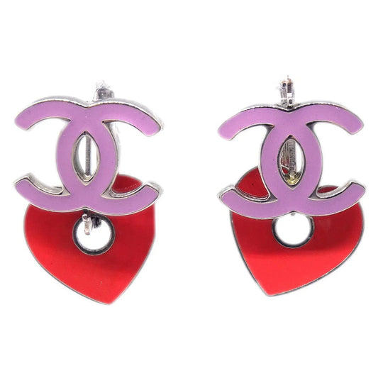 Chanel Heart Silver Dangle Piercing Earrings 04P