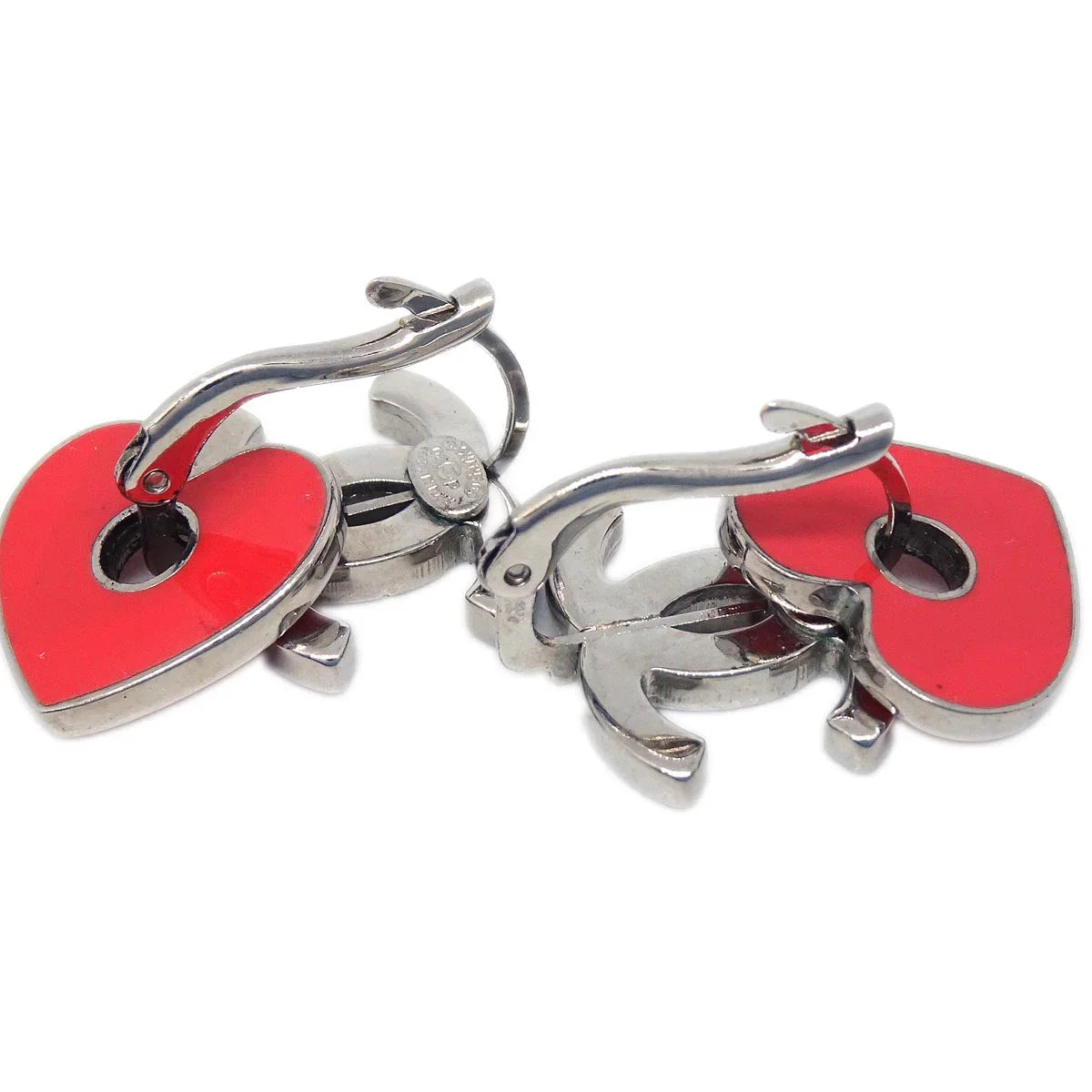 Chanel Heart Silver Dangle Piercing Earrings 04P