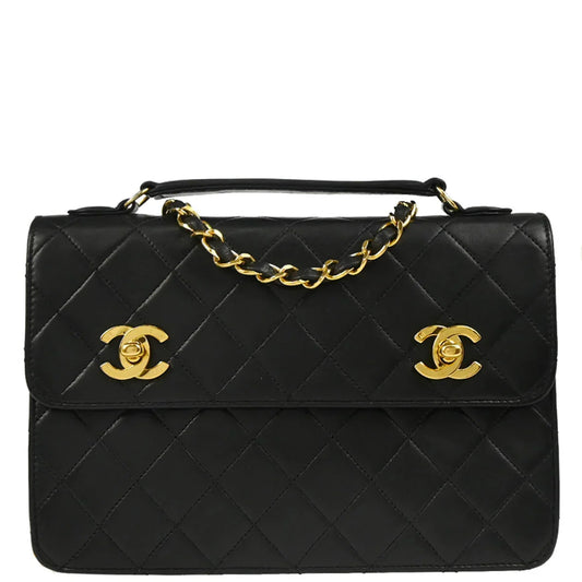 Chanel 1989-1991 Black Lambskin 2way Shoulder Handbag
