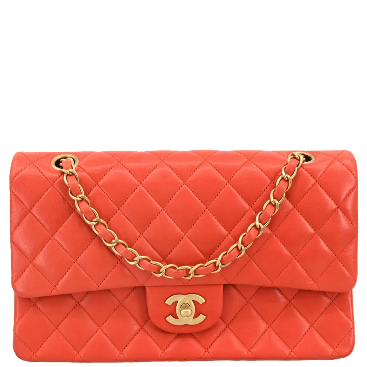Chanel Orange Lambskin Medium Classic Double Flap Shoulder Bag