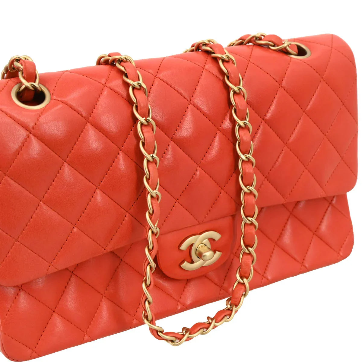 Chanel Orange Lambskin Medium Classic Double Flap Shoulder Bag