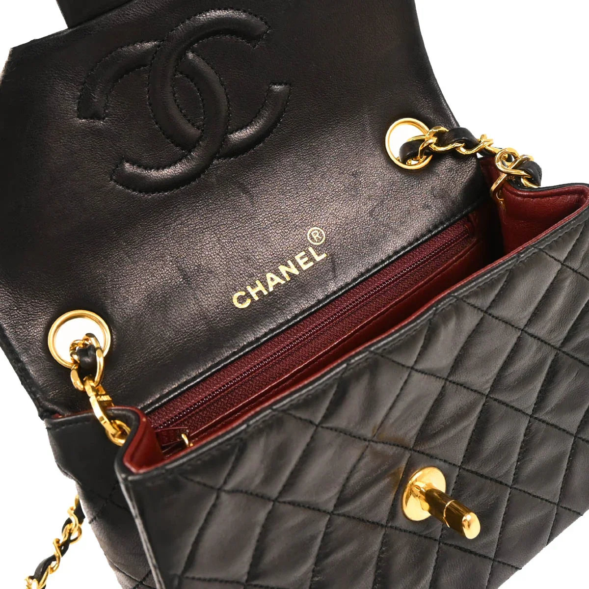 Chanel 1989-1991 Black Lambskin Mini Classic Square Flap Shoulder Bag