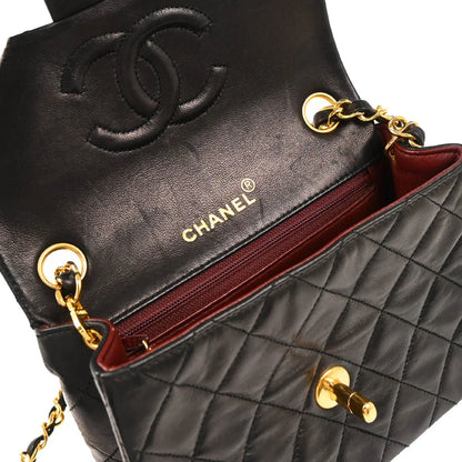 Chanel 1989-1991 Black Lambskin Mini Classic Square Flap Shoulder Bag