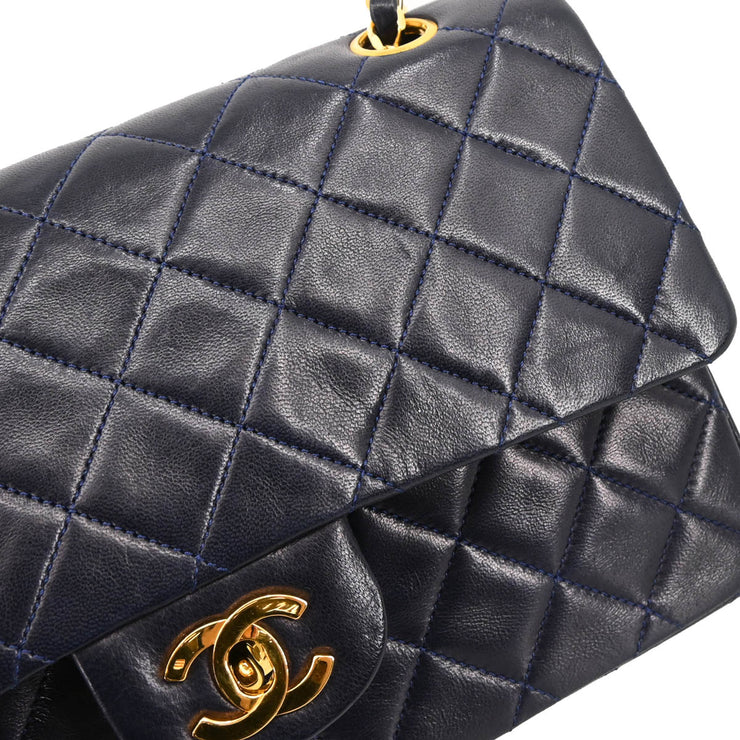 Chanel 1986-1988 Navy Lambskin Medium Double Flap Shoulder Bag