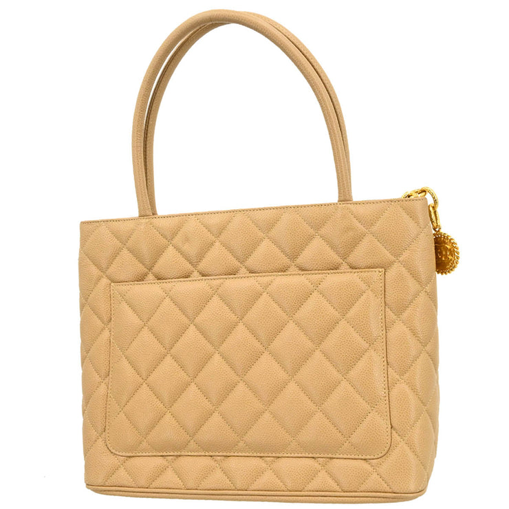 Chanel 2002-2003 Beige Caviar Medallion Tote Handbag
