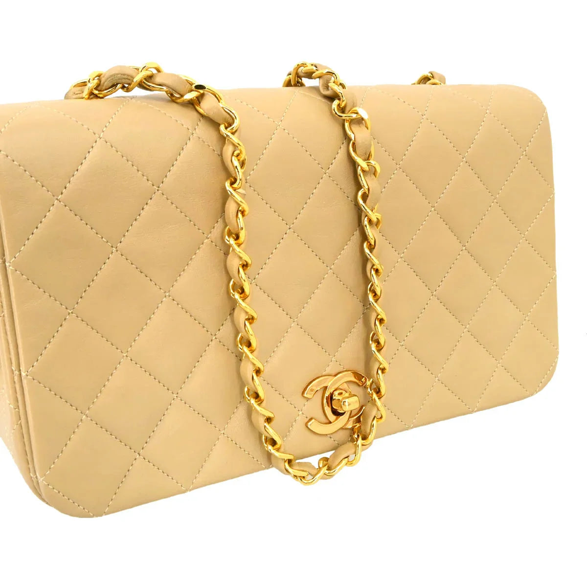 Chanel Beige Lambskin Turnlock Small Full Flap Shoulder Bag