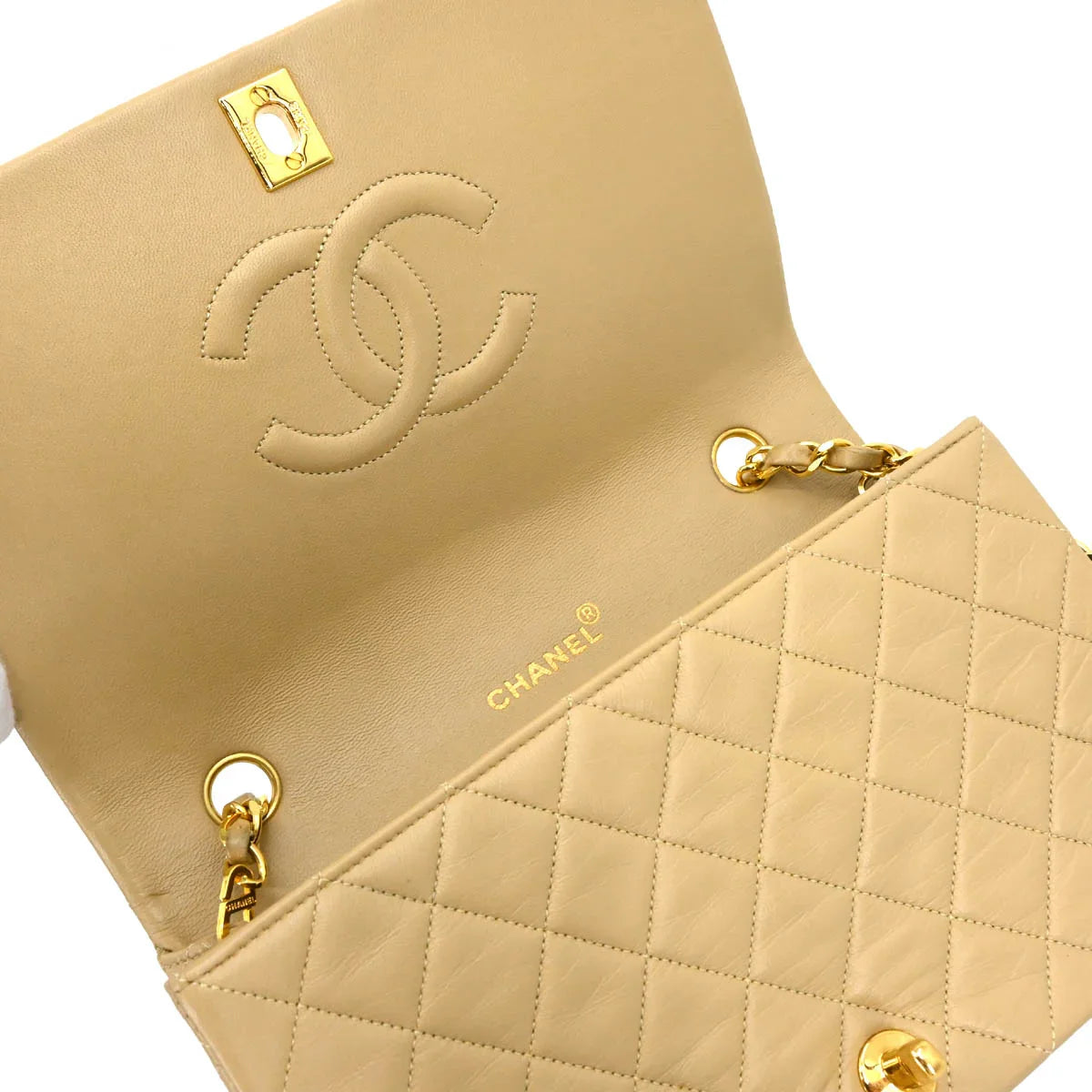 Chanel Beige Lambskin Turnlock Small Full Flap Shoulder Bag