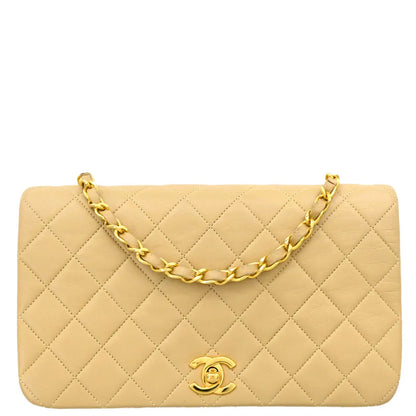 Chanel 1989-1991 Beige Lambskin Turnlock Small Full Flap Shoulder Bag