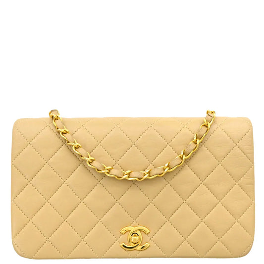 Chanel 1989-1991 Beige Lambskin Turnlock Small Full Flap Shoulder Bag
