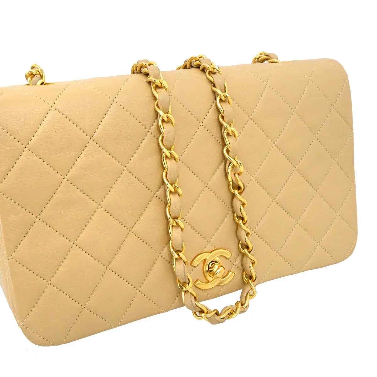 Chanel 1989-1991 Beige Lambskin Turnlock Small Full Flap Shoulder Bag