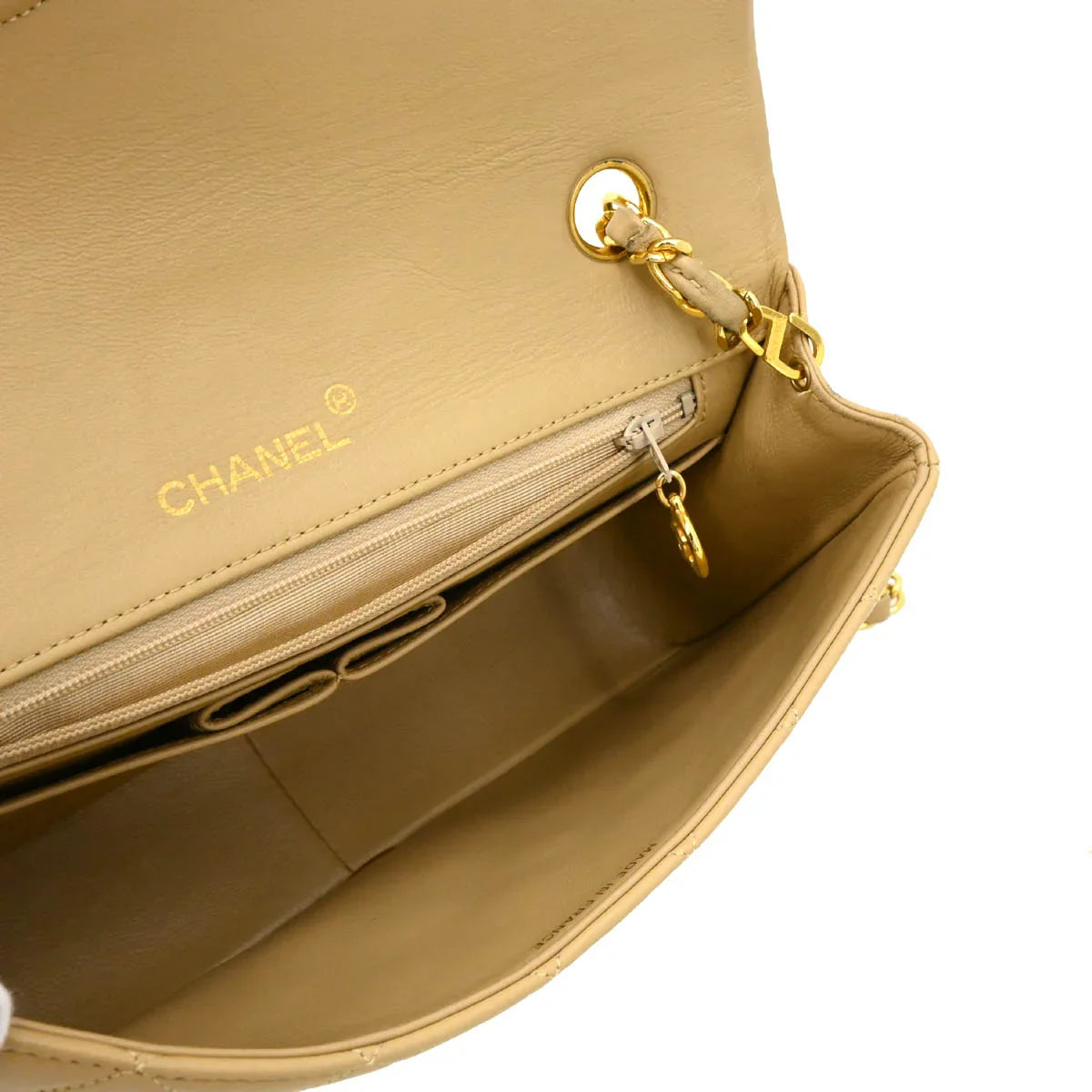 Chanel 1989-1991 Beige Lambskin Turnlock Small Full Flap Shoulder Bag