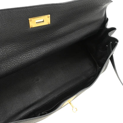 Hermes Black Taurillon Clemence Shoulder Kelly Handbag