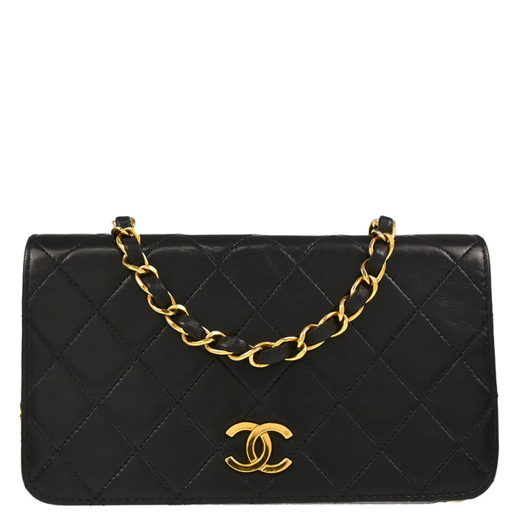 Chanel 1994-1996 Black Lambskin Pushlock Mini Full Flap Shoulder Bag