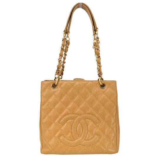 Chanel 2003-2004 Beige Caviar Petite Shopping Tote PST Chain Handbag