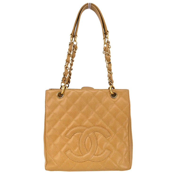 Chanel 2003-2004 Beige Caviar Petite Shopping Tote PST Chain Handbag