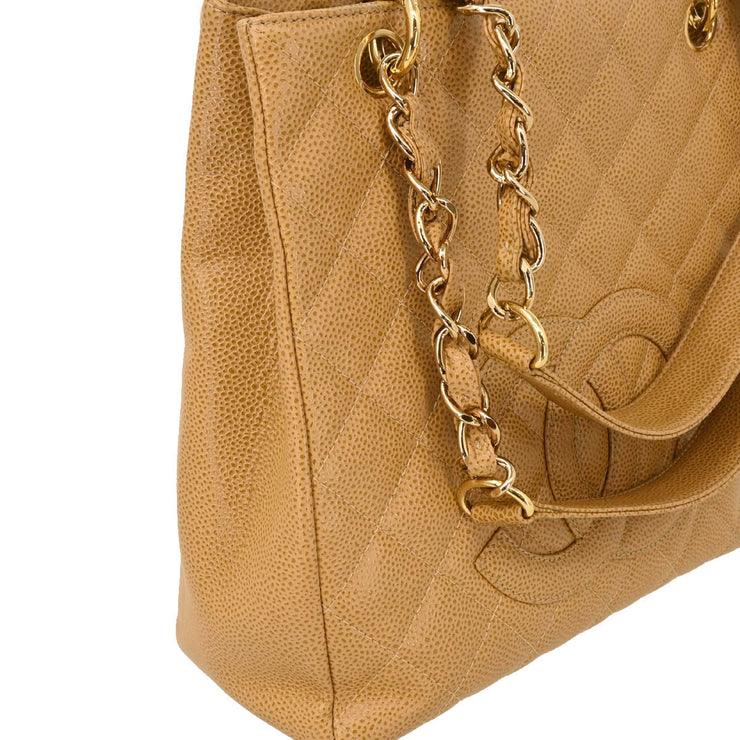 Chanel 2003-2004 Beige Caviar Petite Shopping Tote PST Chain Handbag