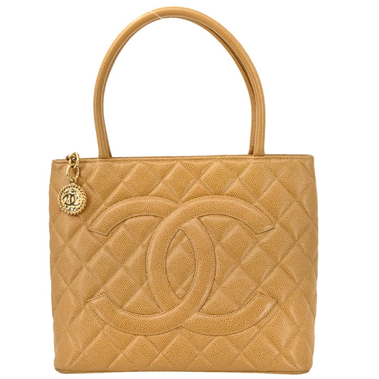 Chanel 2000-2001 Beige Caviar Medallion Tote Handbag