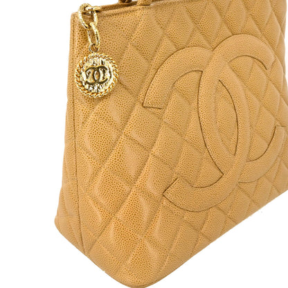 Chanel 2000-2001 Beige Caviar Medallion Tote Handbag