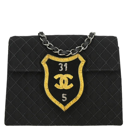 Chanel 2004-2005 Black Canvas Emblem Shoulder Bag