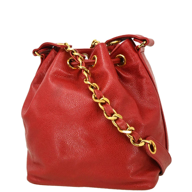 Chanel 1991-1994 Red Caviar Bucket Shoulder Bag