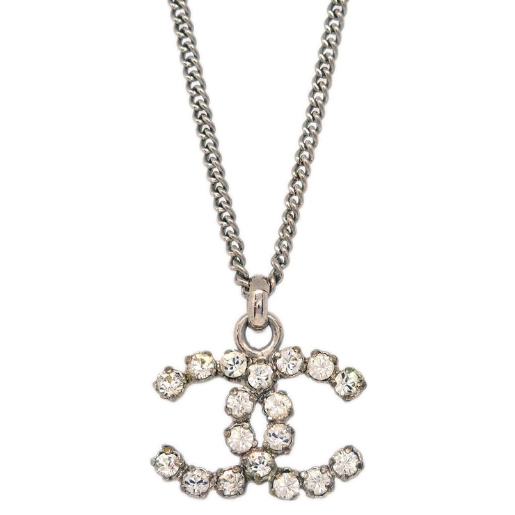 Chanel CC Chain Necklace Pendant Rhinestone Silver 05V