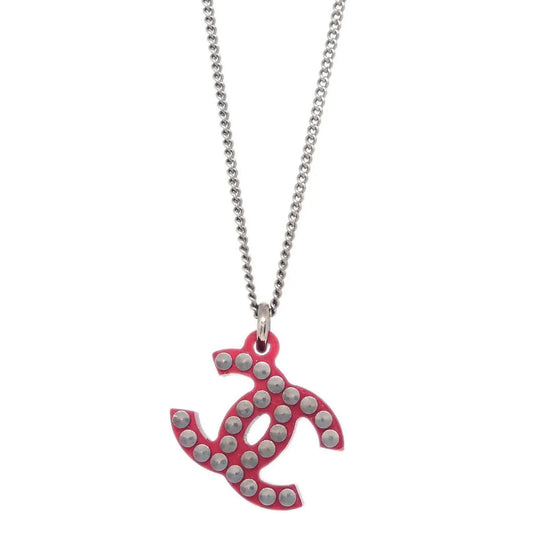 Chanel CC Chain Pendant Necklace Acrylic Silver Red 05P