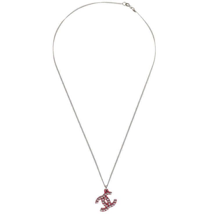 Chanel CC Chain Pendant Necklace Acrylic Silver Red 05P