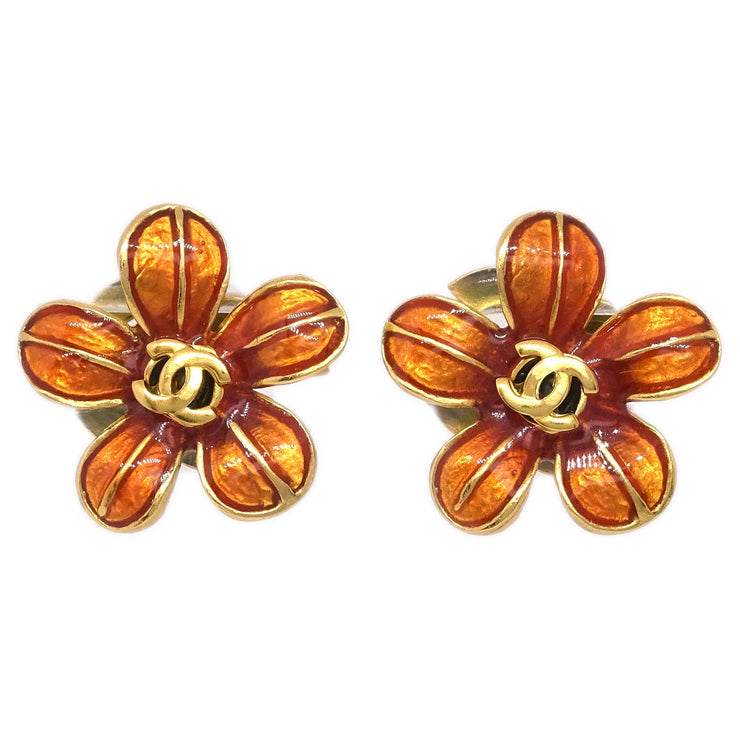 Chanel Piercing Earrings Gold Brown Flower 03P