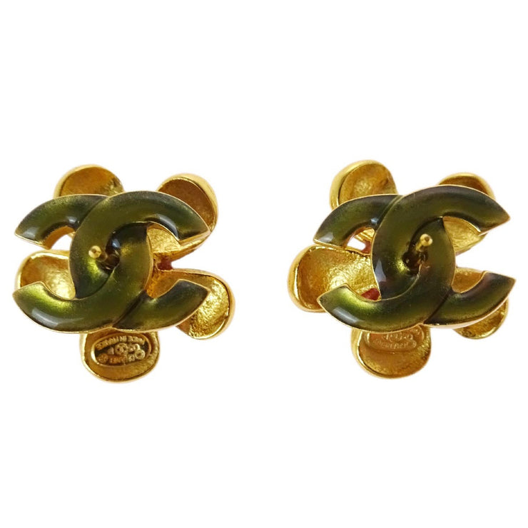 Chanel Piercing Earrings Gold Brown Flower 03P