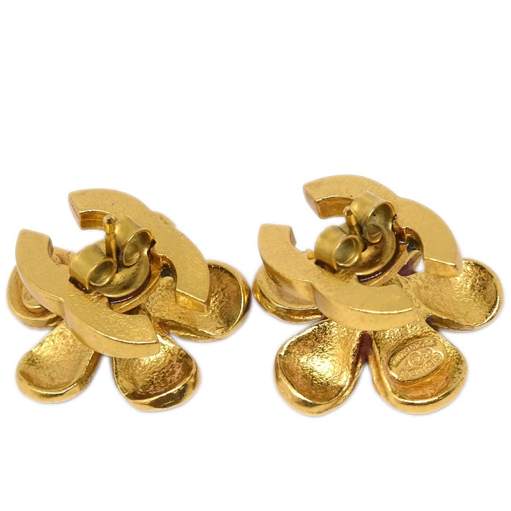 Chanel Piercing Earrings Gold Brown Flower 03P