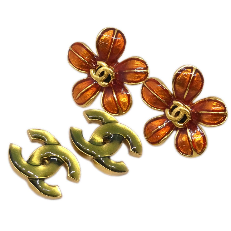 Chanel Piercing Earrings Gold Brown Flower 03P