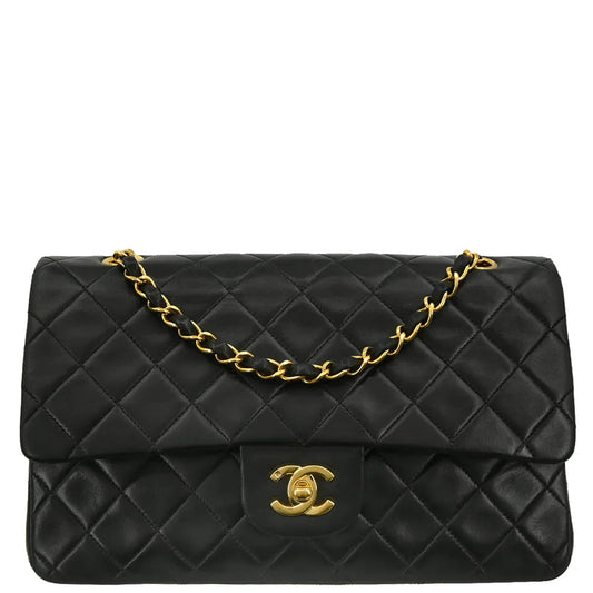Chanel 1996-1997 Black Lambskin Classic Medium Double Flap Shoulder Bag