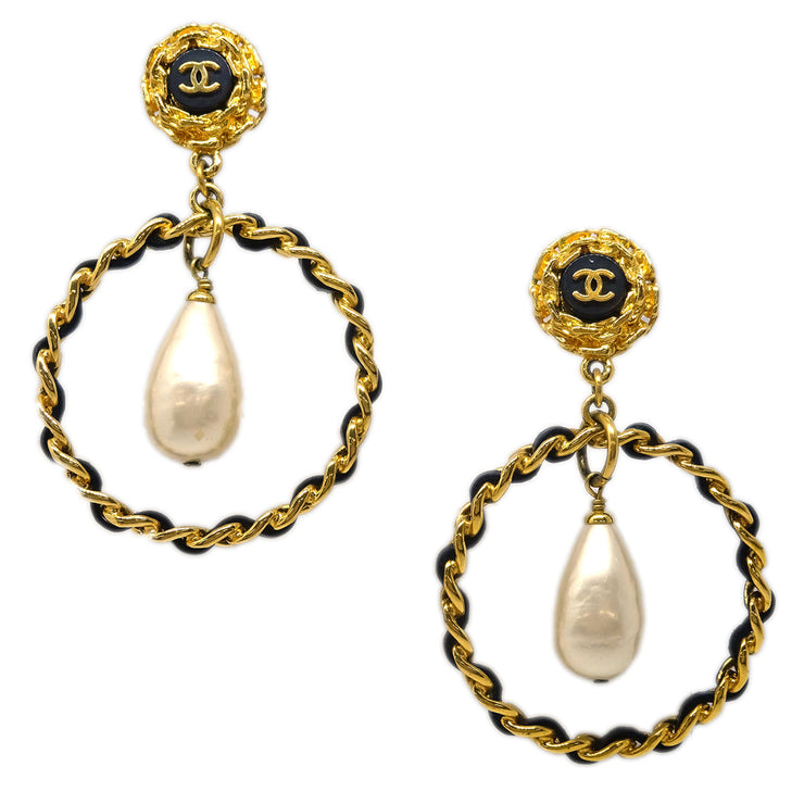Chanel Hoop Earrings Gold Costume Pearl Clip-On 95A