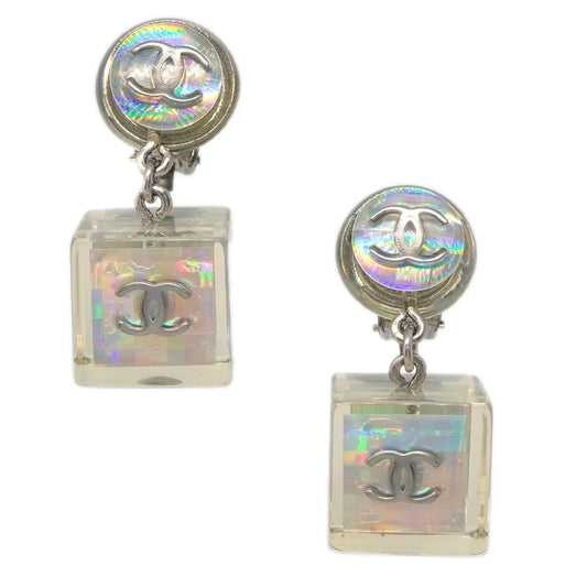 Chanel Dangle Cube Earrings Clip-On Clear 97P