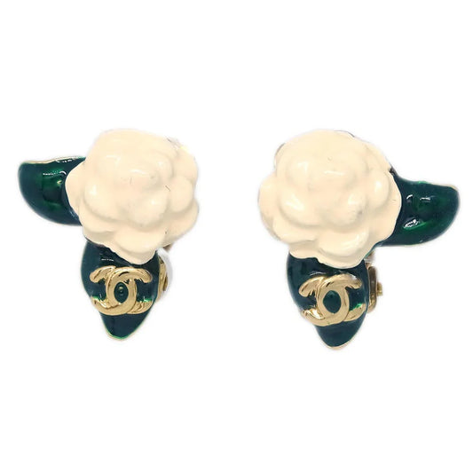 Chanel Gold White Camellia Earrings Clip-On 04A