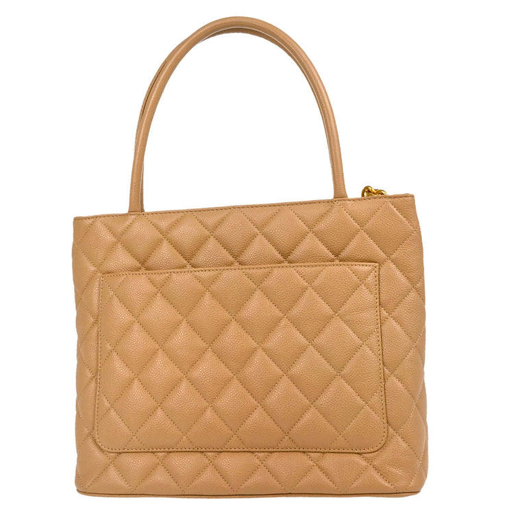 Chanel 2001-2003 Beige Caviar Medallion Tote Handbag