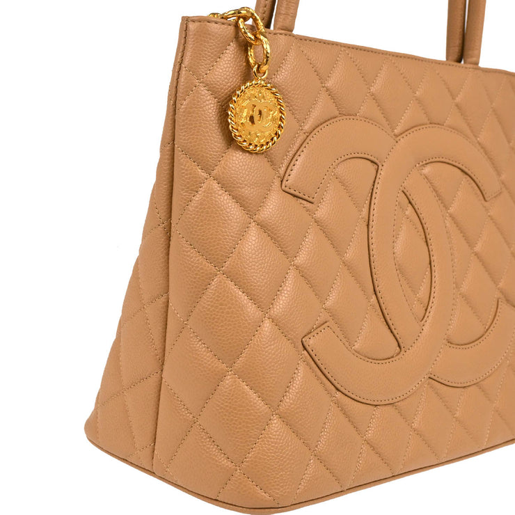 Chanel 2001-2003 Beige Caviar Medallion Tote Handbag