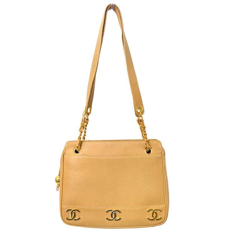 Chanel 1994-1996 Beige Caviar Triple CC Shoulder Tote Bag
